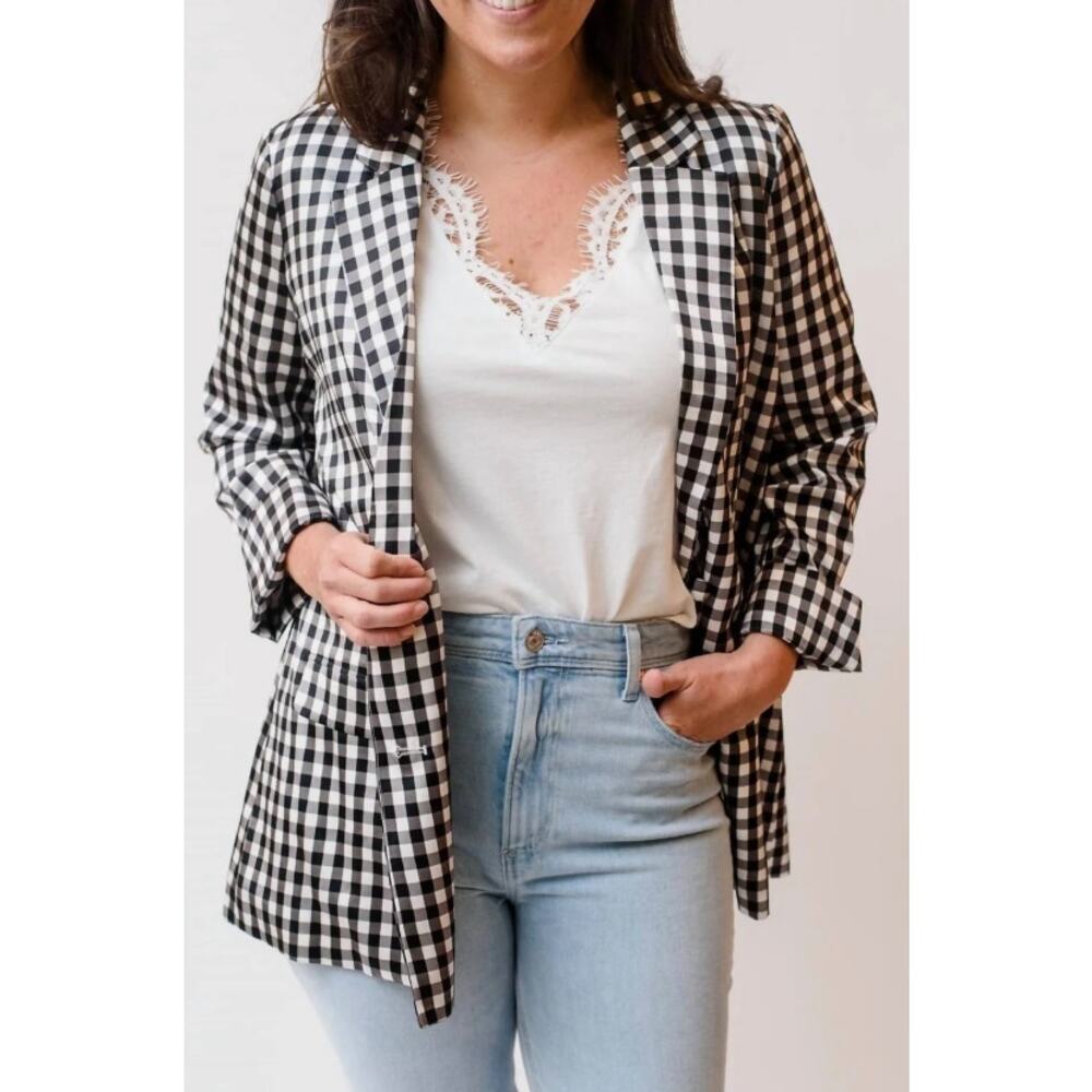 CAMI NYC Owen blazer in black gingham 100% silk relaxed boyfriend fit L NEW